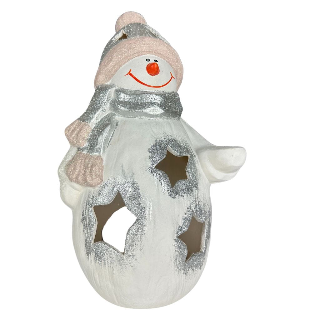 Snowman in a Pink Beanie – Christmas Lantern with Stars