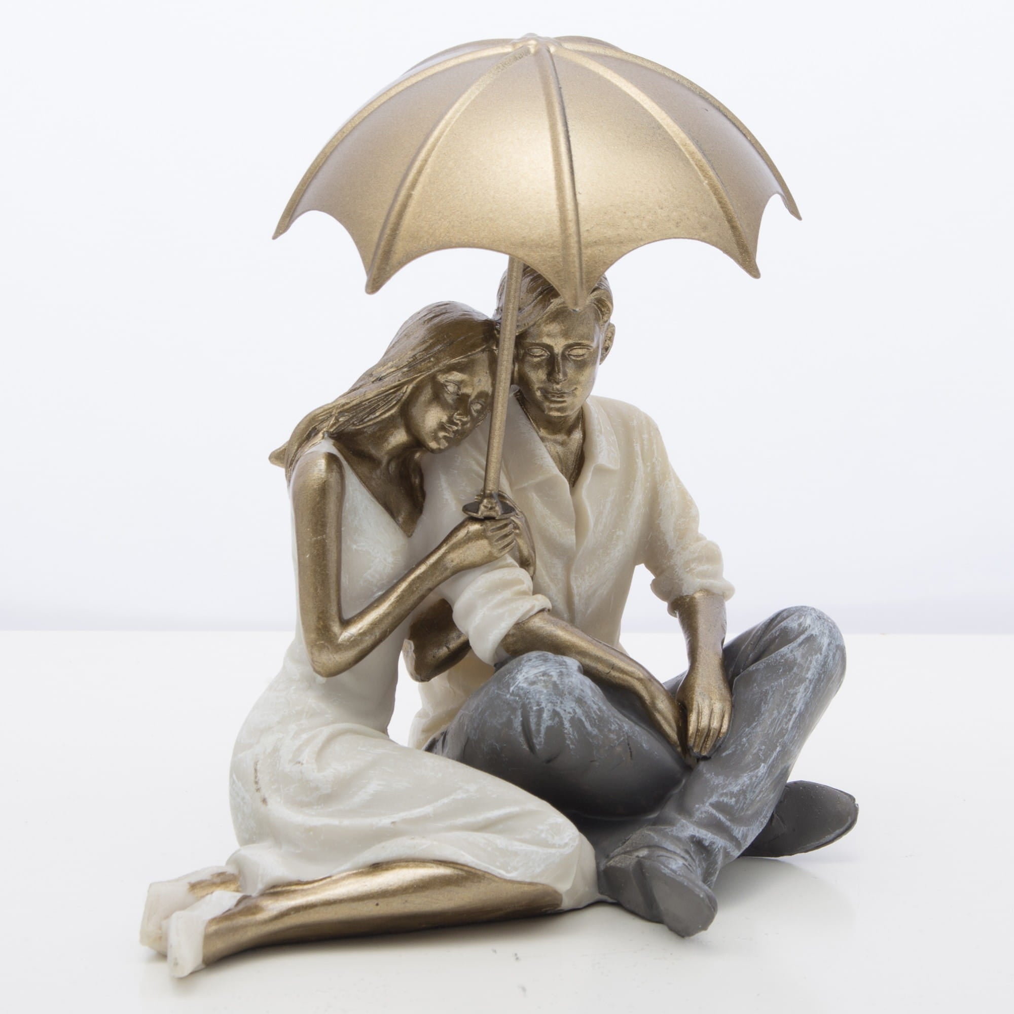 Lovers Sitting Beneath a Golden Umbrella – Romantic Sculpture