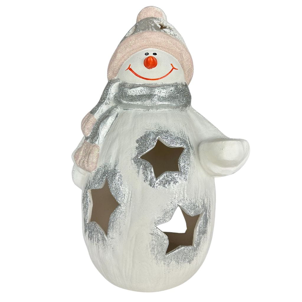 Snowman in a Pink Beanie – Christmas Lantern with Stars